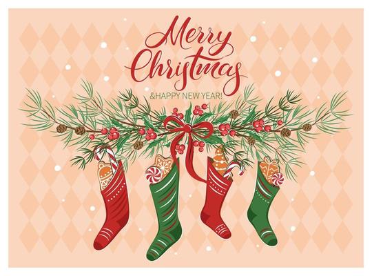 Christmas card with gifts in socks and with winter decorations. Merry Christmas and New Year holiday. Vector illustration