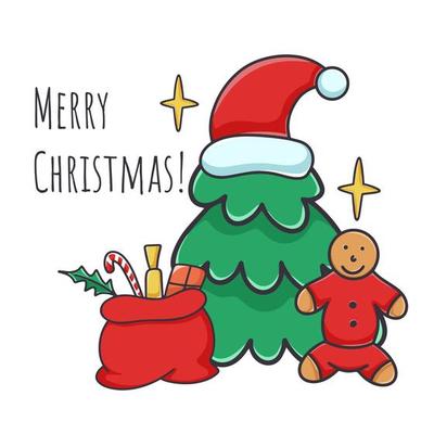 Merry christmas greeting banner with gingerbread man, christmas tree and sack of gifts