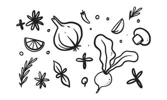 Set of illustration of vegetables and seasonings pattern in hand drawn design. vector