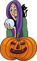 cartoon witch with crystal ball and Halloween pumpkin vector