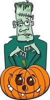 personaje zombie de dibujos animados con calabaza de halloween vector