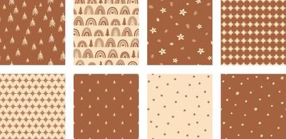 Boho Christmas pattern set. Boho Christmas tree, stars, rainbows, snowflakes seamless pattern. Scandinavian stars Christmas background collection. Hand drawing boho vector illustration Wrapping paper