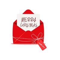 Holiday christmas greeting card in red open envelope. vector