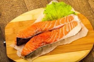 Raw salmon on wood photo