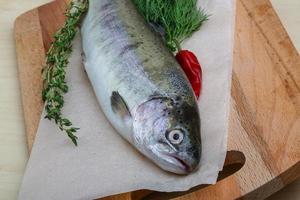 Raw trout on wooden board and wooden background photo