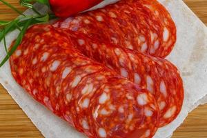 Chorizo on wood photo