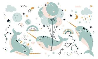 Fantasy Narwhals with stars and rainbows. A set of elements for children's design vector