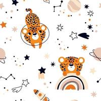 Funny space pattern with animals. Seamless children's background with leopard astronauts vector