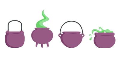Set of pots for brewing potions. Halloween design elements in cartoon style. vector
