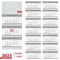 Wall quarterly calendar 2023. Week start from Sunday, ready for print. vector