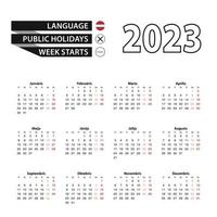 calendario 2023 en idioma letón, la semana comienza el lunes. vector