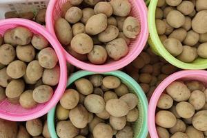 healthy and fresh potatoes in baskets for sale in the market. healthy and fresh vegetable background photo