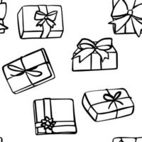 Seamless pattern with illustration of gift boxes in doodling style on white background vector