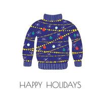 Illustration of ugly sweater with Christmas decoration and snowflakes isolated on white background with the text Happy holidays vector