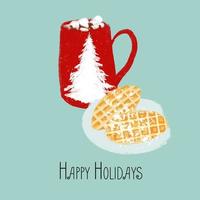 PrintHot cocoa with marshmallows and waffles with text Happy Holidays vector
