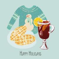 Mulled wine, waffles and sweater illustration with text Happy Holidays