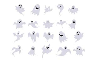 conjunto de horror de espectro de aparición de fantasmas monocromáticos. sombra fantasma divertida. hoja fantasma para el diseño de personajes de halloween. aislado en la ilustración de vector blanco.