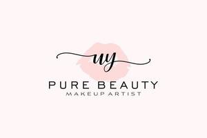 diseño de logotipo prefabricado inicial de labios de acuarela uy, logotipo para marca comercial de artista de maquillaje, diseño de logotipo de boutique de belleza rubor, logotipo de caligrafía con plantilla creativa. vector