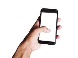 Young man hand holding black smartphone with blank screen isolated on white background. Space for text or design photo