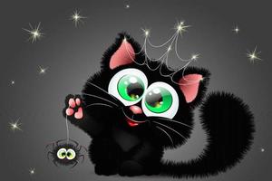 Cute black smiling cartoon black cat with crown of spiderweb and little spider hanging on his paw vector