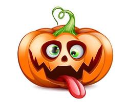 Crazy cartoon Halloween pumpkin with scary face, crossed eyes, tongue out and funny curly tale vector