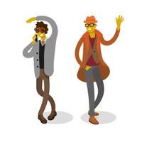 Fashionable men. A man in sunglasses is talking on the phone. a man in a red hat, coat, and glasses stretched out his hand in greeting. vector