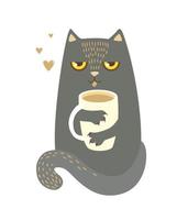 cute gray cat is holding a large cup of coffee in its paws. poster, postcard vector