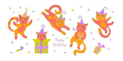 Cute cats in various poses, a birthday cap on the head, the cat is whistling in a birthday whistle, the cat sits in a gift box. Set. Poster, postcard. vector