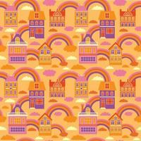 colorful houses in a row above the houses - rainbow and clouds. seamless pattern. vector