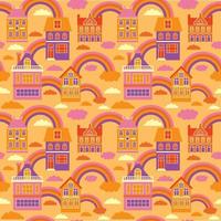 colorful houses in a row above the houses - rainbow and clouds. seamless pattern. vector