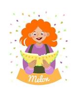 A cute red-haired girl holding a slice of melon in her hands. poster, postcard, label vector