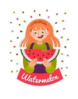 cute girl holding a slice of watermelon. Poster, postcard, label. vector