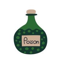 Vector bottle with green potion flat illustration. Halloween bottle with poison