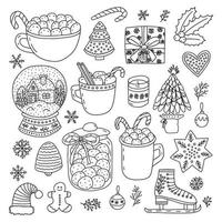 Hand drawn doodle Christmas elements set. Cute vector Christmas desserts set. Cocoa with marshmallows, gingerbread cookies and big jar with chocolate cookies