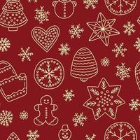 Doodle gingerbread vector seamless pattern. Hand drawn ginger cookies pattern on red background.