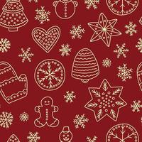 Doodle gingerbread vector seamless pattern. Hand drawn ginger cookies pattern on red background.