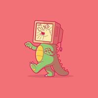 Cute Dino character with a tv set on head vector illustration. Mascot, funny, imagination design concept.