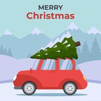 coche rojo con ilustración de vector de árbol de navidad en estilo plano para postal o pancarta