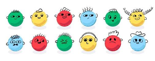 Funny hand-drawn characters. Cute colorful shapes with different emotions, different rough round figures. vector