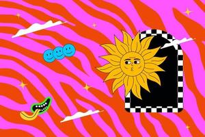 Groovy and hippie abstract illustration, cheerful sun on the background of acid zebra. Psychedelic artwork with emoji and arch. vector