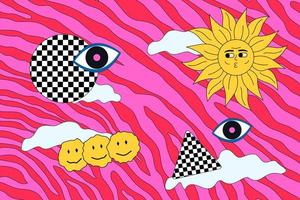 Groovy and hippie abstract illustration, cheerful sun on the background of acid zebra. Psychedelic artwork with emoji and arch. vector