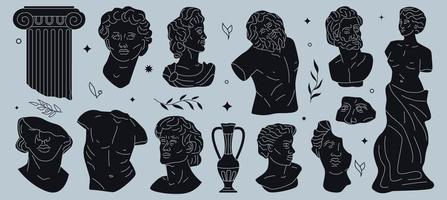 Contemporary hand drawn antique sculptures silhouette, set of mythological elements. vector