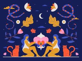 A mystical drawing of the interaction of two women and an orchid, a symbol of sacred femininity. Boho illustration with flowers, witches, moon, snakes, cats. vector