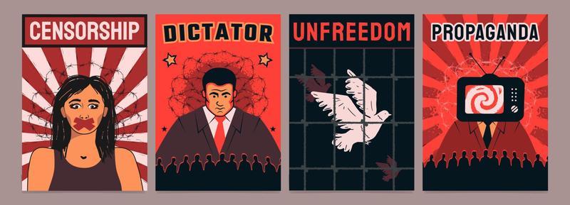 A set of posters about the totalitarian regime propaganda, dictator, censorship, unfreedom.
