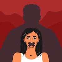 A frightened young woman with her mouth taped shut, behind her the silhouette of a man, a symbol of the trauma of sexual physical violence. vector