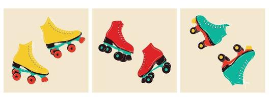 conjunto de carteles con patines. deporte y discoteca. estilo de moda retro de los años 80. ilustraciones vectoriales en colores de moda. estilo dibujado a mano. vector