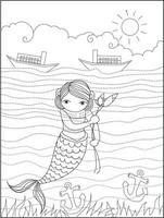 lindo libro para colorear sirena. página de coloreado vectorial en blanco y negro. vector