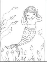 Cute cartoon mermaid swimming with flowers. Detailed zentangle mermaid for coloring page vector