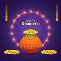 feliz festival de dhanteras para monedas de oro en fondo de tarjeta de olla vector