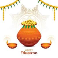 festival religioso indio feliz dhanteras en moneda de oro en el fondo de la olla vector